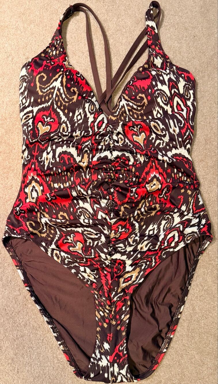 St. John Brown Ikat Print Ruched One Piece Swimsuit Size 12 NWT